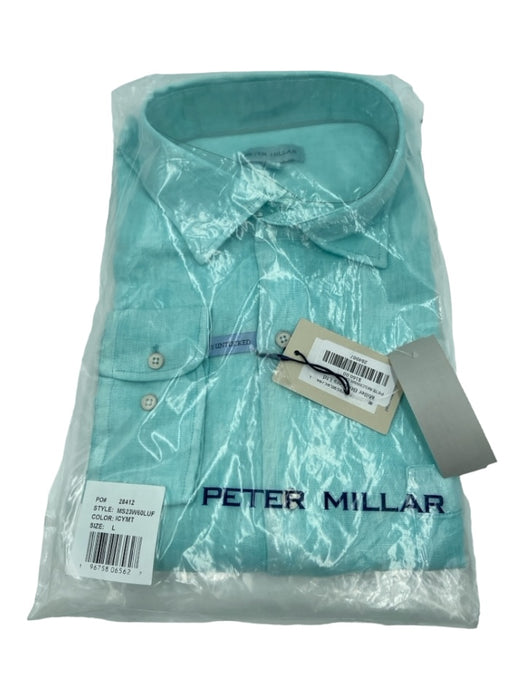 Peter Millar NWT Size L Teal Linen Solid Button Down Men's Long Sleeve Shirt L