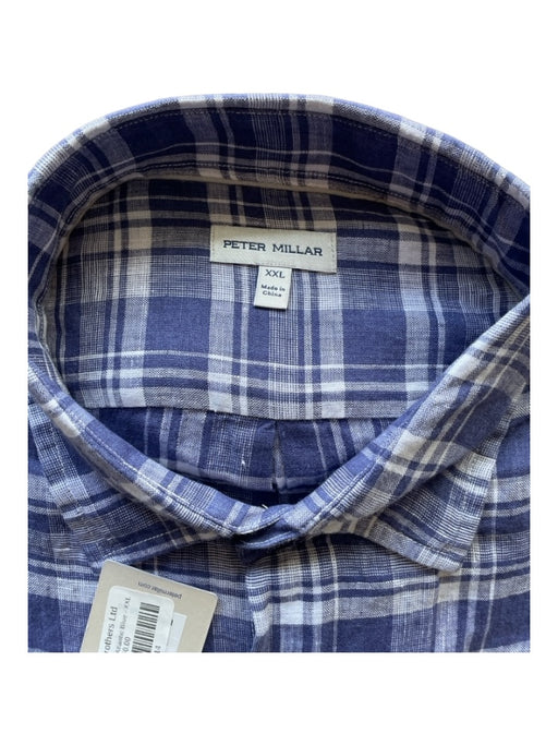 Peter Millar NWT Size XXL Blue & White Linen Blend Plaid Men's Long Sleeve Shirt XXL