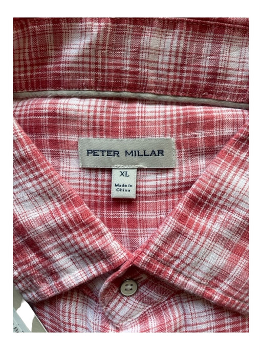 Peter Millar NWT Size XL Red & White Linen Blend Plaid Men's Long Sleeve Shirt XL