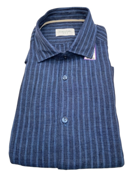 Tintoria Mattei NWT Size 15.75 Navy & Blue Linen Striped Men's Long Sleeve Shirt Navy & Blue / 15.75