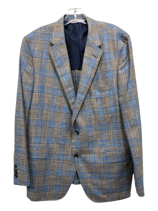 Samuelsohn Tan & Blue Linen Blend Plaid 2 Button Men's Blazer Tan & Blue / 46