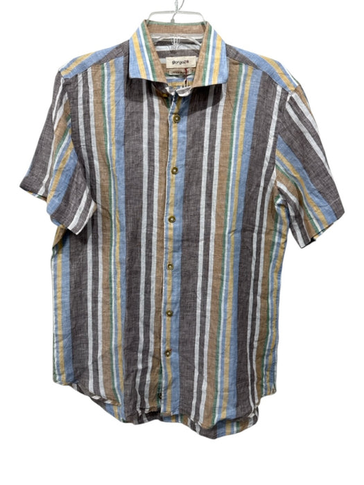 Borgo 28 NWT Size M Brown & Beige Linen Striped Button Up Men's Short Sleeve Brown & Beige / M