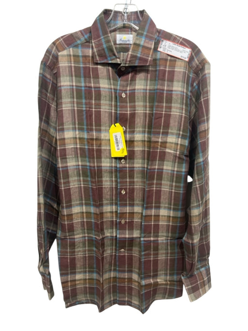 Giannetto NWT Size L Purple, Blue, Multi Linen Plaid Men's Long Sleeve Shirt Purple, Blue, Multi / L