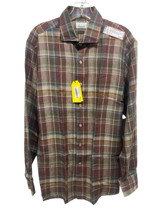 Giannetto NWT Size L Purple, Blue, Multi Linen Plaid Men's Long Sleeve Shirt Purple, Blue, Multi / L