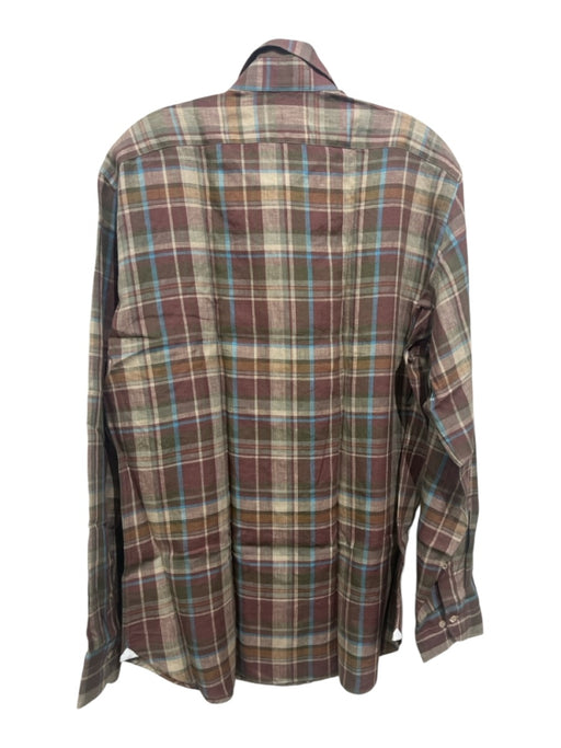 Giannetto NWT Size L Purple, Blue, Multi Linen Plaid Men's Long Sleeve Shirt Purple, Blue, Multi / L