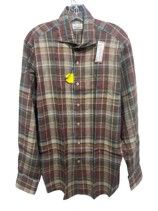 Giannetto NWT Size L Purple, Blue, Multi Linen Plaid Men's Long Sleeve Shirt Purple, Blue, Multi / L
