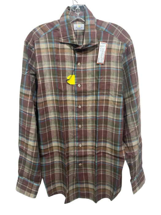Giannetto NWT Size L Purple, Blue, Multi Linen Plaid Men's Long Sleeve Shirt Purple, Blue, Multi / L