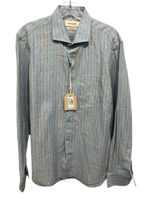 Borgo 28 NWT Size M Blue & Brown Cotton & Linen Striped Men's Long Sleeve Shirt Blue & Brown / M