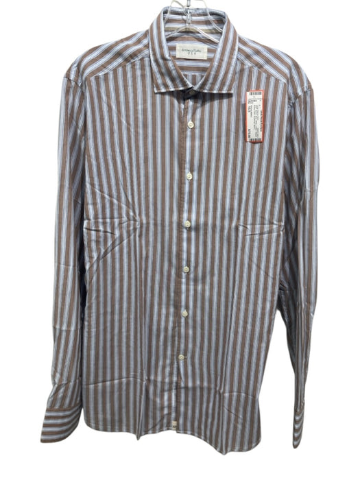 Tintoria Mattei NWT Size 15.5 Brown, Blue, White Cotton Men's Long Sleeve Shirt Brown, Blue, White / 15.5