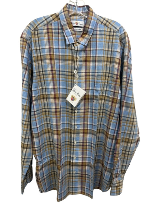 Alan Paine NWT Size L Blue & Multi Linen Plaid Button Down Long Sleeve Shirt Blue & Multi / L