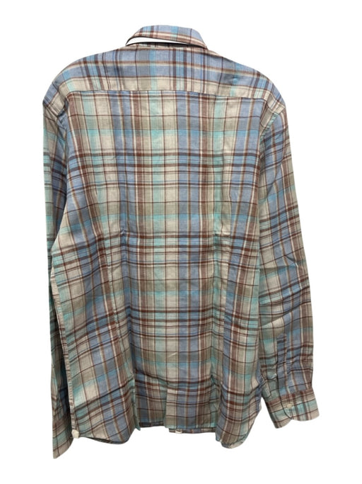 Tintoria Mattei NWT Size 16.5 Brown, Blue, Multi Linen Plaid Long Sleeve Shirt Brown, Blue, Multi / 16.5