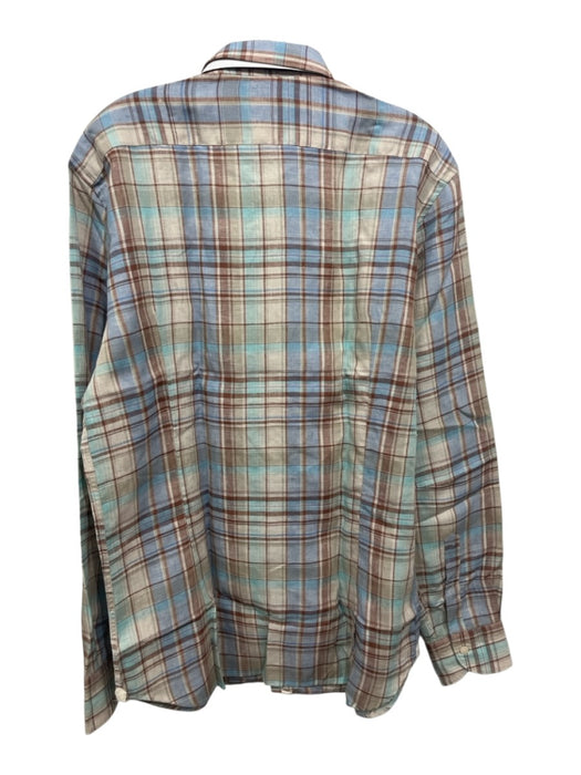Tintoria Mattei NWT Size 16.5 Brown, Blue, Multi Linen Plaid Long Sleeve Shirt Brown, Blue, Multi / 16.5