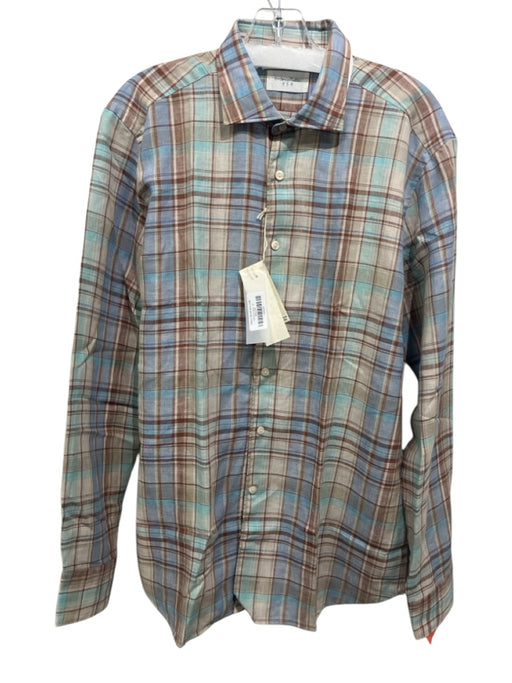 Tintoria Mattei NWT Size 16.5 Brown, Blue, Multi Linen Plaid Long Sleeve Shirt Brown, Blue, Multi / 16.5