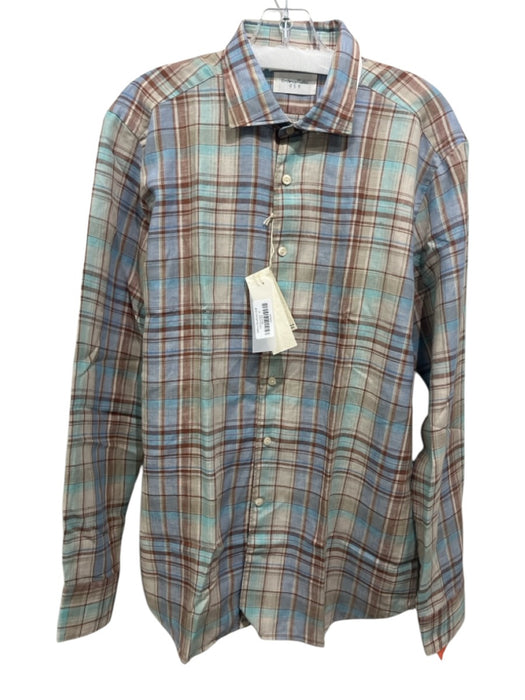 Tintoria Mattei NWT Size 16.5 Brown, Blue, Multi Linen Plaid Long Sleeve Shirt Brown, Blue, Multi / 16.5