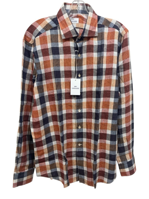 Alessandro Gherard. NWT Size 16.5 Orange, Blue, Multi Linen Long Sleeve Shirt Orange, Blue, Multi / 16.5