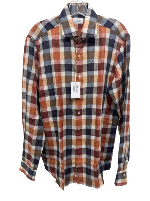 Alessandro Gherard. NWT Size 15.5 Orange, Blue, Multi Linen Long Sleeve Shirt Orange, Blue, Multi / 15.5