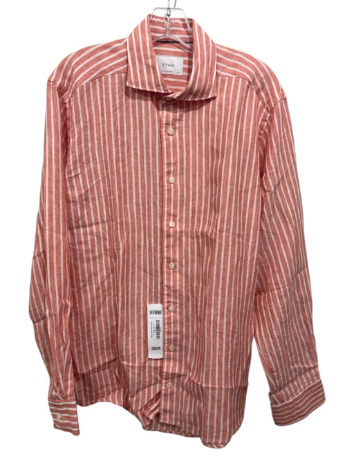 Eton NWT Size 15.5 Orange & White Linen Striped Button Down Long Sleeve Shirt Orange & White / 15.5
