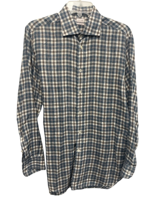 Lucano Barbera Size M Blue & Brown Linen Plaid Button Up Men's Long Sleeve Shirt Blue & Brown / M
