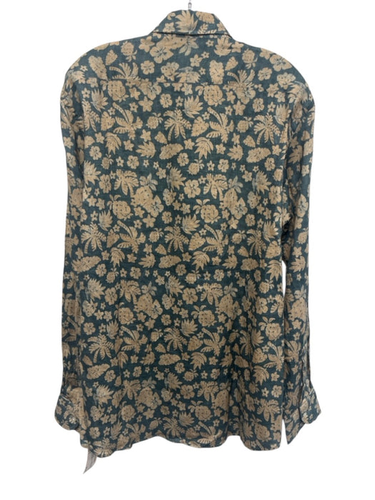 Tiki NWT Size L Blue & Beige Linen Floral Button up Men's Long Sleeve Shirt Blue & Beige / L