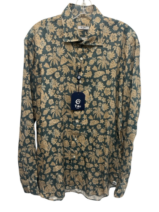 Tiki NWT Size L Blue & Beige Linen Floral Button up Men's Long Sleeve Shirt Blue & Beige / L