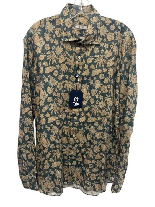 Tiki NWT Size L Blue & Beige Linen Floral Button up Men's Long Sleeve Shirt Blue & Beige / L