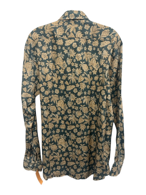Tiki NWT Size L Blue & Beige Linen Floral Button up Men's Long Sleeve Shirt Blue & Beige / L