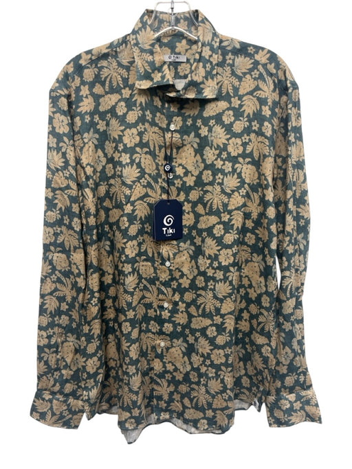 Tiki NWT Size L Blue & Beige Linen Floral Button up Men's Long Sleeve Shirt Blue & Beige / L
