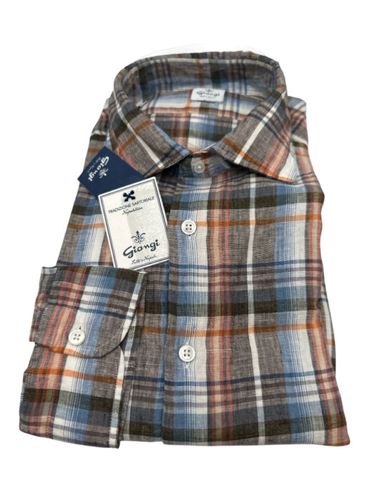 Giangi NWT Size XL Brown & Orange Linen Plaid Button Up Men's Long Sleeve Shirt Brown & Orange / XL