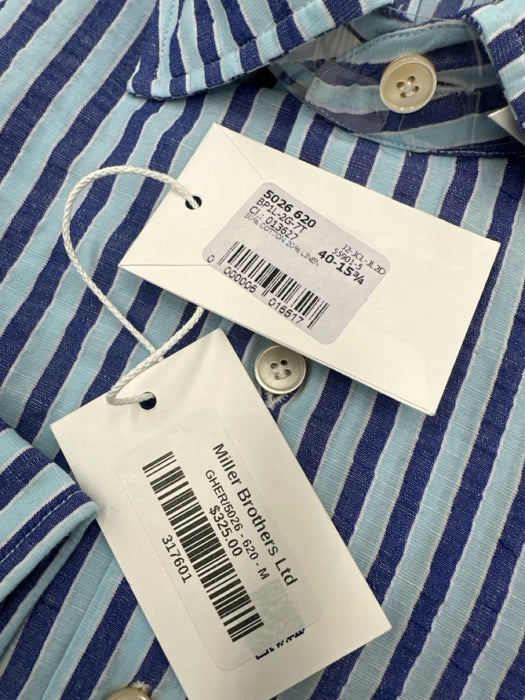 Gherardi NWT Size 15.75 Blue Linen Blend Striped Button up Long Sleeve Shirt Blue / 15.75
