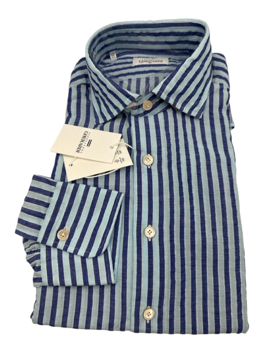 Gherardi NWT Size 15.75 Blue Linen Blend Striped Button up Long Sleeve Shirt Blue / 15.75