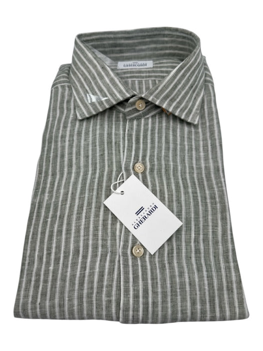 Gherardi NWT Size 17.5 Green & White Linen Striped Button up Long Sleeve Shirt Green & White / 17.5