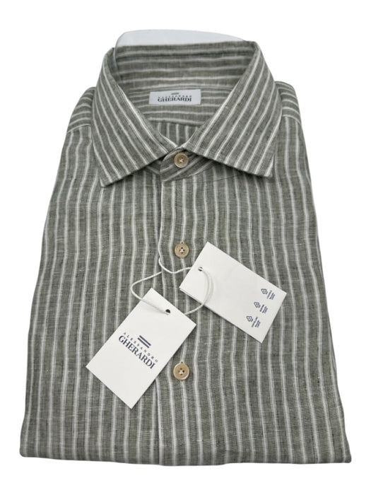 Gherardi NWT Size 17.5 Green & White Linen Striped Button up Long Sleeve Shirt Green & White / 17.5