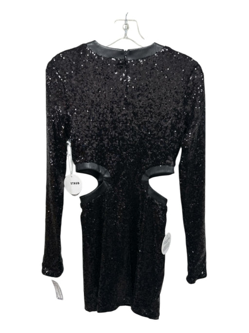 Staud Size S Black Nylon Sequined Side Cut Outs Zip Back Long Sleeve Dress Black / S