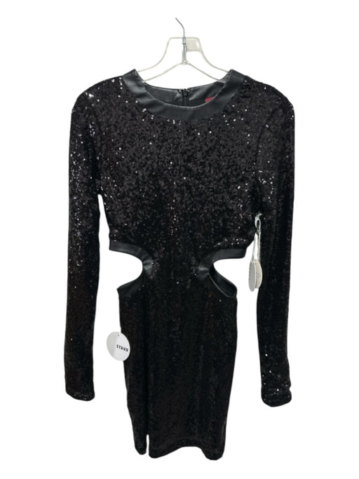 Staud Size S Black Nylon Sequined Side Cut Outs Zip Back Long Sleeve Dress Black / S