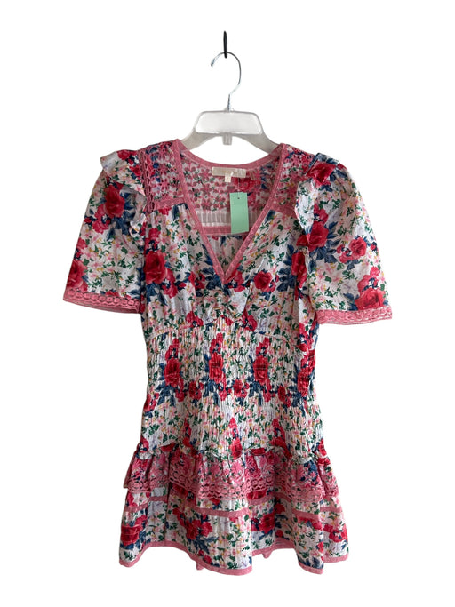 Love Shack Fancy Size P Pink & Multi Cotton V Neck Floral Print Lace Hem Dress Pink & Multi / P