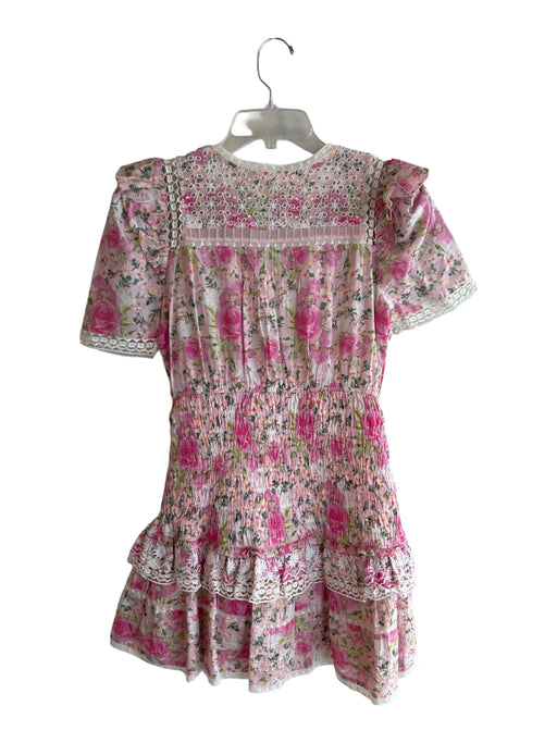 Love Shack Fancy Size S Pink & Cream Cotton V Neck Floral Print Lace Hem Dress Pink & Cream / S