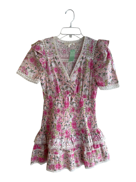 Love Shack Fancy Size S Pink & Cream Cotton V Neck Floral Print Lace Hem Dress