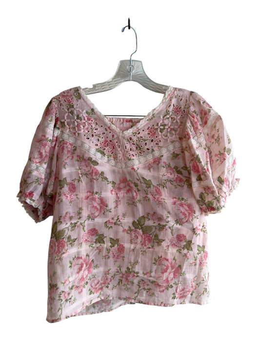 Love Shack Fancy Size XS Pink Cotton V Neck Floral Lace Detail Skirt Set Pink / XS