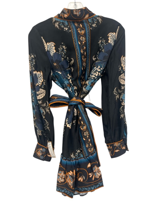 Farm Rio Size XXS Navy & Multi Viscose Long Sleeve Button Up Floral Collar Dress Navy & Multi / XXS