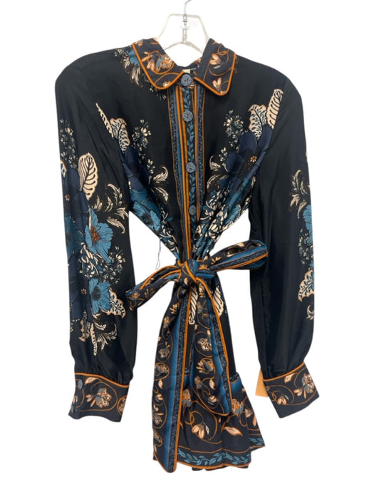 Farm Rio Size XXS Navy & Multi Viscose Long Sleeve Button Up Floral Collar Dress Navy & Multi / XXS