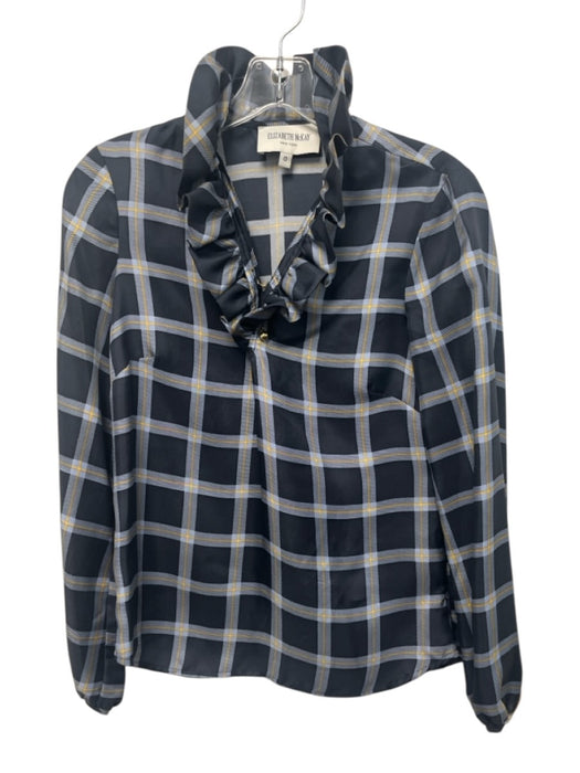 Elizabeth McKay Size 0 Navy & Multi Silk Long Sleeve Checkered Side Zip Top Navy & Multi / 0