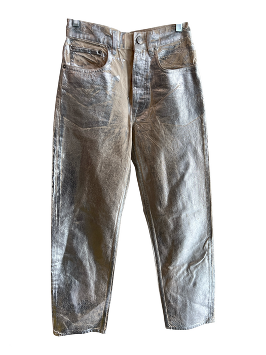 Zara Size 4 Silver Metallic Cotton Button Fly Distressed Wide Leg Jeans Silver Metallic / 4