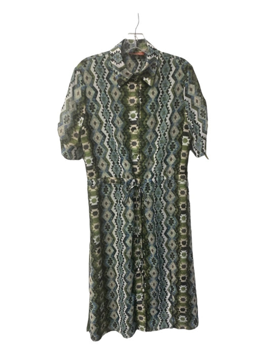 Altuzarra Size 42 Green, Blue & White Polyester Short Sleeve Button Up Dress Green, Blue & White / 42