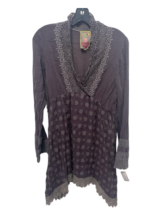 Johnny Was Size M Grey Cupra Rayon Lace Hem Floral Embroidery V Neck Dress Grey / M