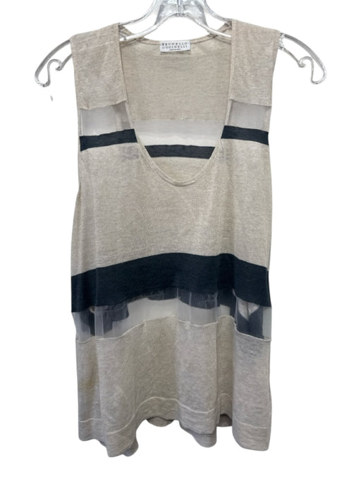 Brunello Cucinelli Size Est L Beige & Gray No Fabric Tag Mesh Panel Striped Top Beige & Gray / Est L
