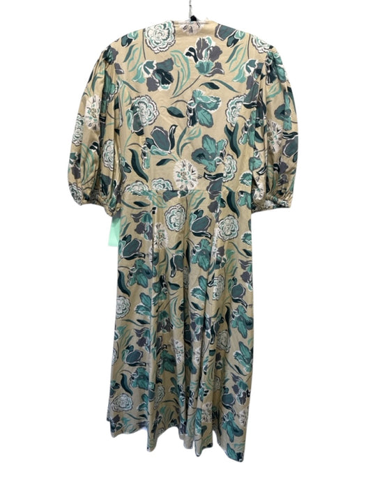 Abbey Glass Size XL Beige & Teal Cotton Floral 1/2 Puff Sleeve Wrap V Neck Dress Beige & Teal / XL