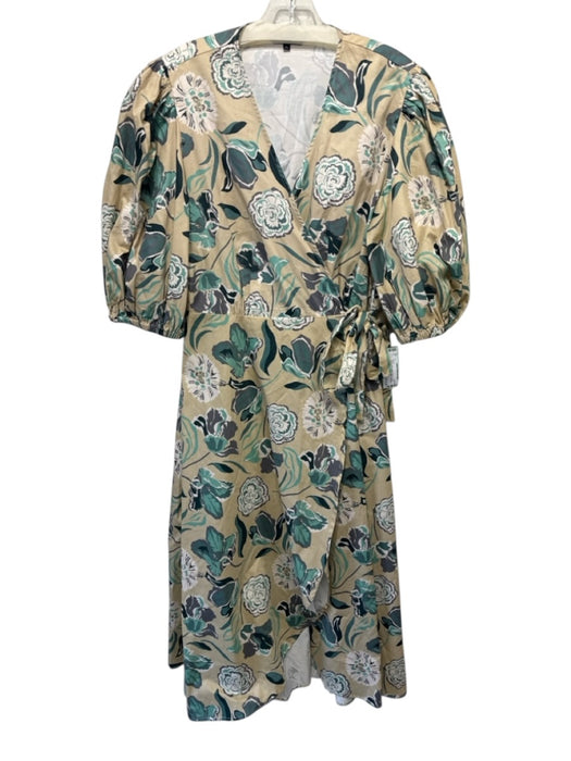 Abbey Glass Size XL Beige & Teal Cotton Floral 1/2 Puff Sleeve Wrap V Neck Dress Beige & Teal / XL
