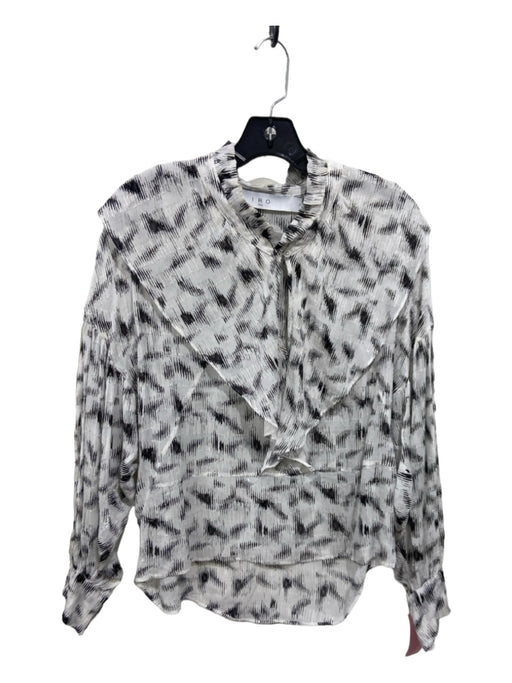 IRO Size 34/S White, Silver, Black Silk Blend Long Sleeve Abstract V Neck Top White, Silver, Black / 34/S