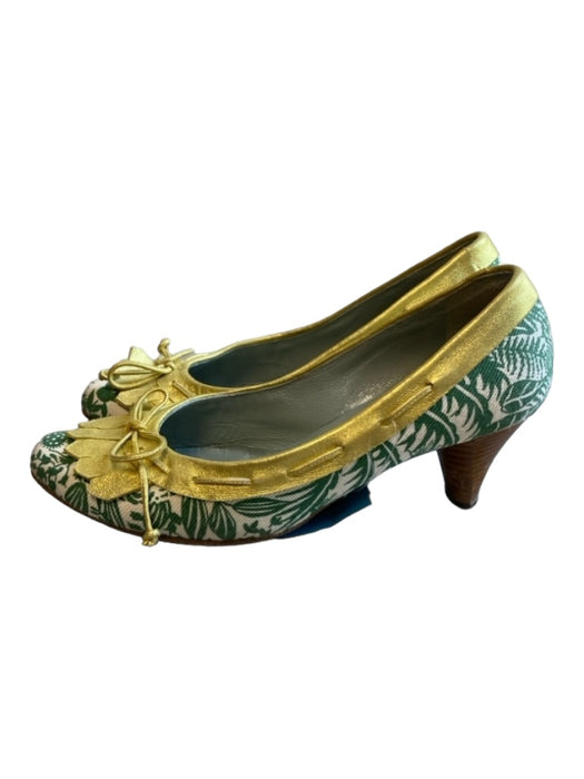 Moneta Blu Shoe Size 37 Green & Gold Fabric Almond Toe Stacked Heel Shoes Green & Gold / 37