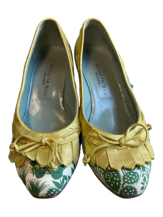 Moneta Blu Shoe Size 37 Green & Gold Fabric Almond Toe Stacked Heel Shoes Green & Gold / 37